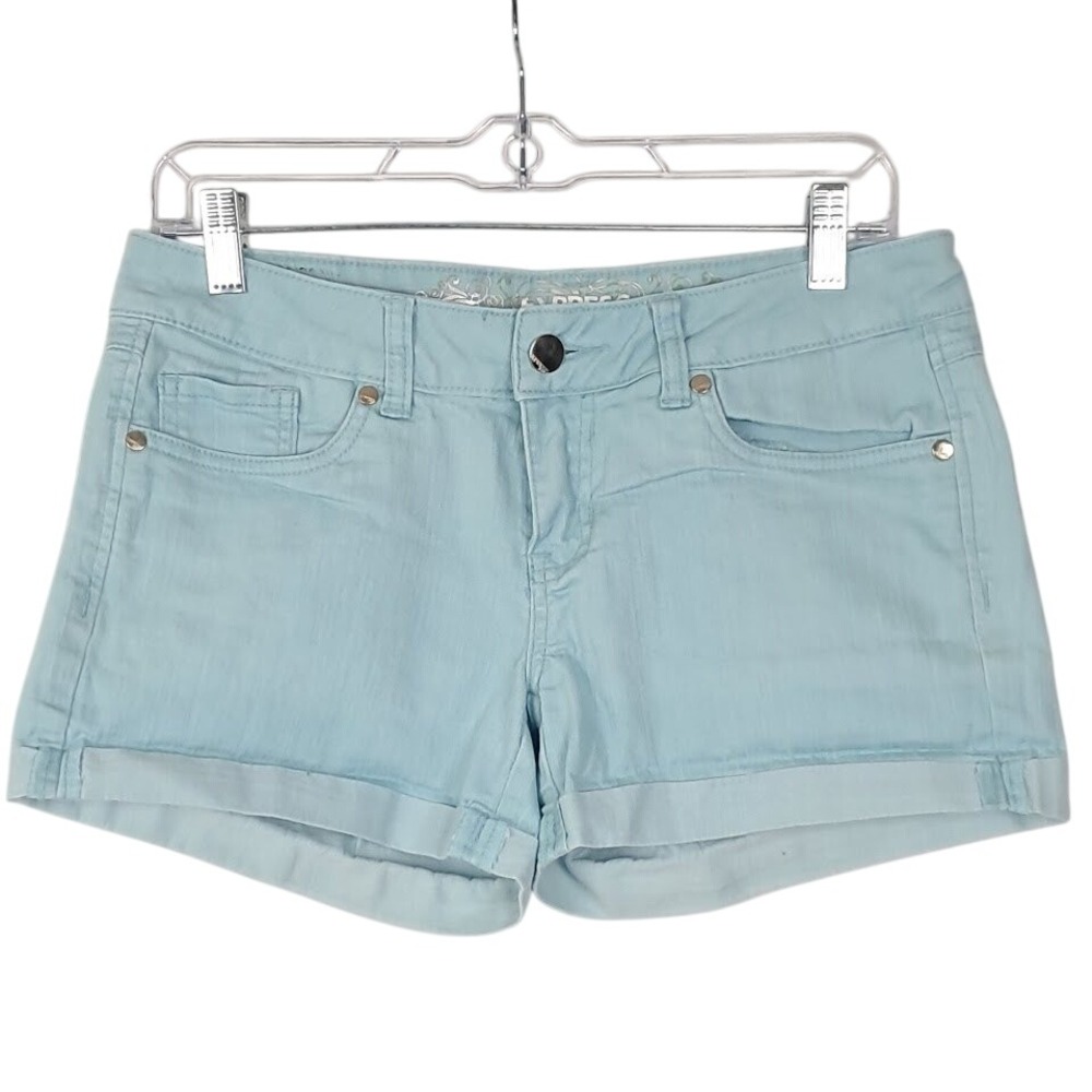 EXPRESS 4 Denim Short Shorts Cuffed Hem Low Rise Light Blue Wash Casual Summer‎